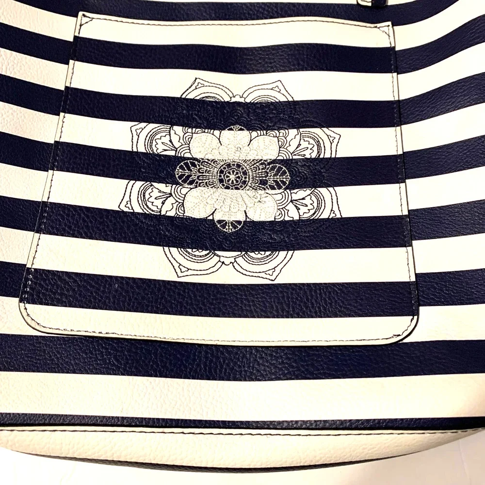 Navy Blue and White Striped Upcycled Faux Leather Embroidered Tote Bag‎